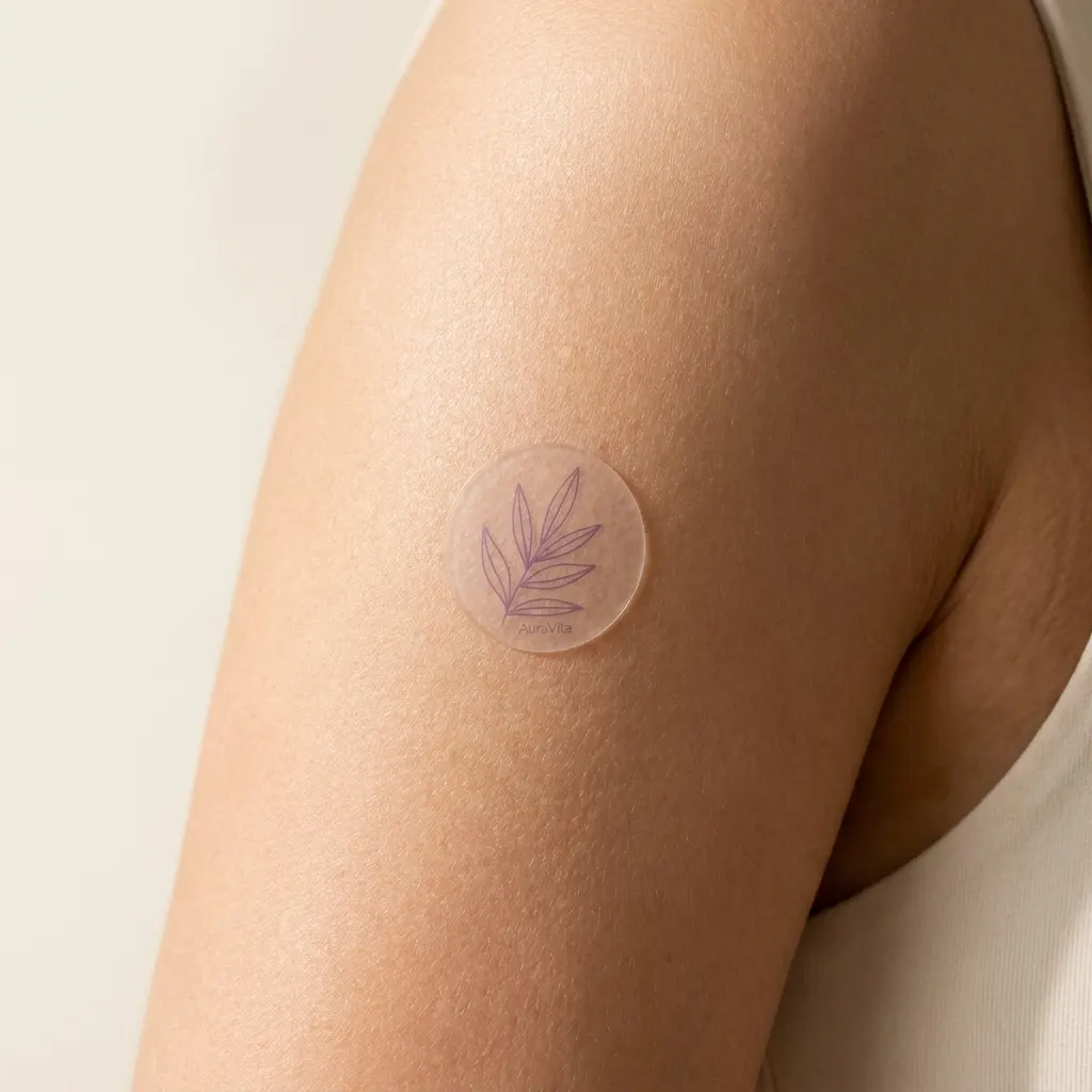 Close-up of an AuraVita patch on the arm