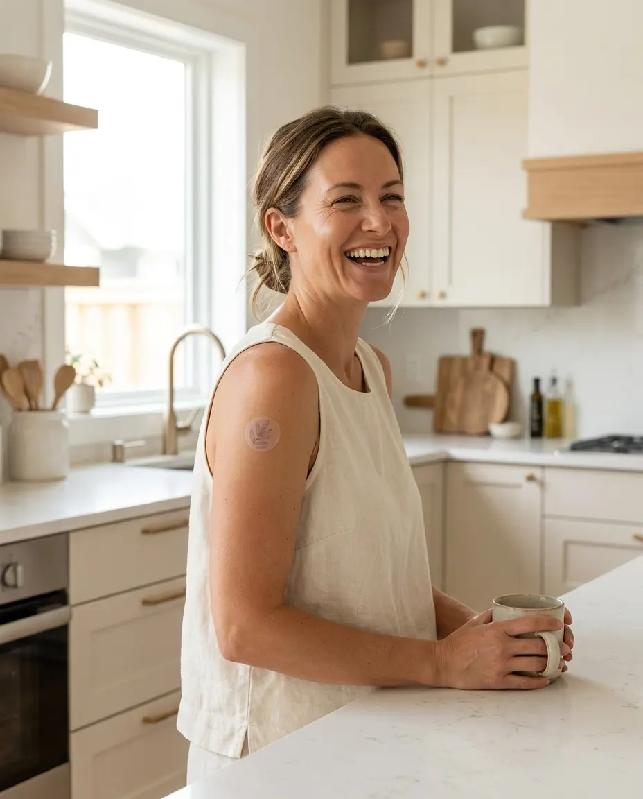 A woman wearing her AuraVita patch at home